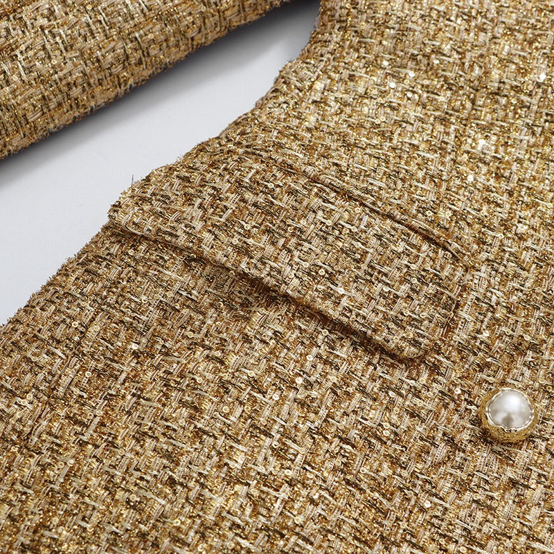 Gold Tweed Double Breasted Blazer Set Women's 2 Piece Suit Pearl Buttons