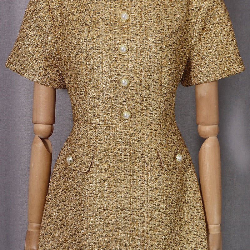 Tweed Party Dress | Short Sleeve Pearl Button Mini Dress