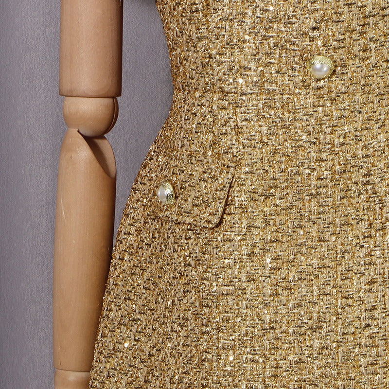 Tweed Party Dress | Short Sleeve Pearl Button Mini Dress