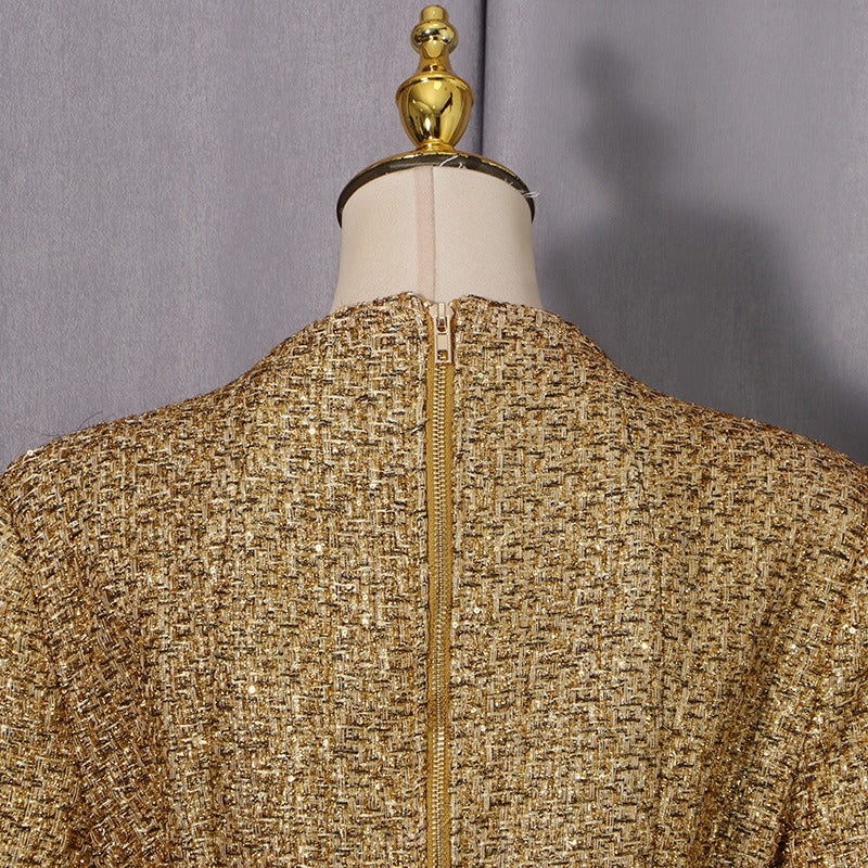 Tweed Party Dress | Short Sleeve Pearl Button Mini Dress