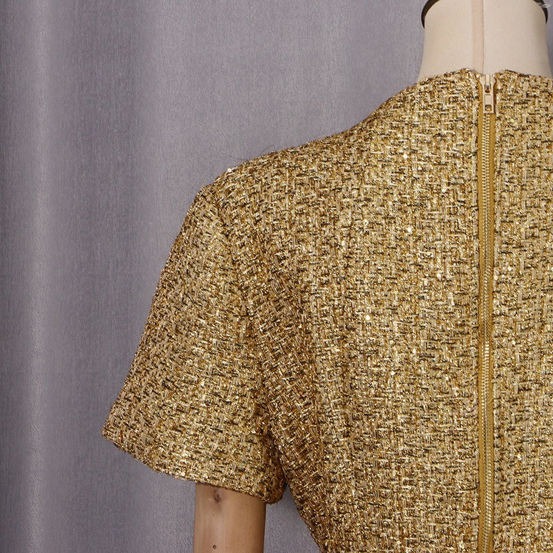 Tweed Party Dress | Short Sleeve Pearl Button Mini Dress