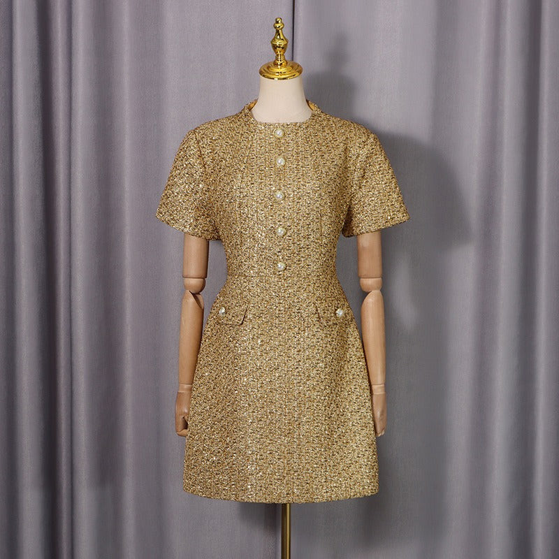 Tweed Party Dress | Short Sleeve Pearl Button Mini Dress