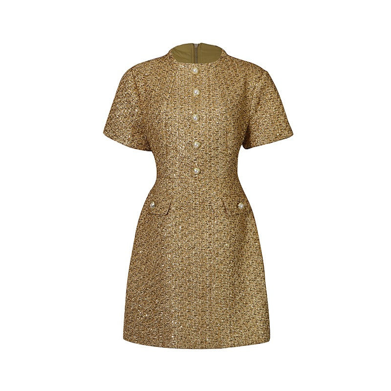 Tweed Party Dress | Short Sleeve Pearl Button Mini Dress