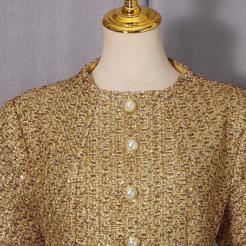 Tweed Party Dress | Short Sleeve Pearl Button Mini Dress
