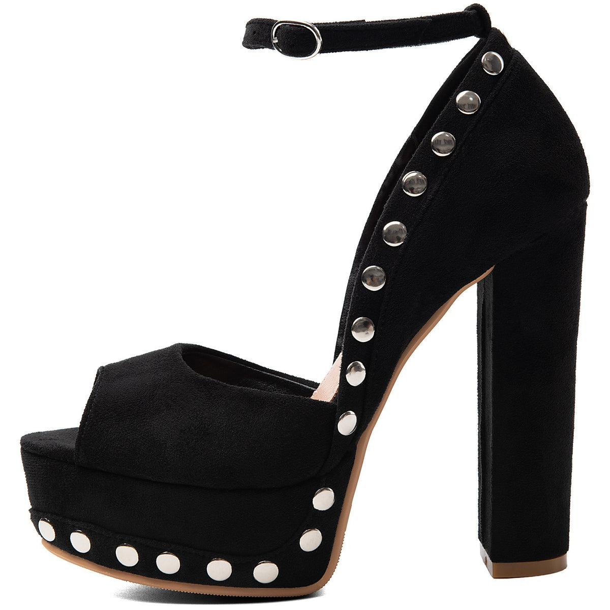 Women's Black Suede Platform Heels with Silver Studs Ankle Strap Peep Toe Party Dress Shoes - Styeenigma