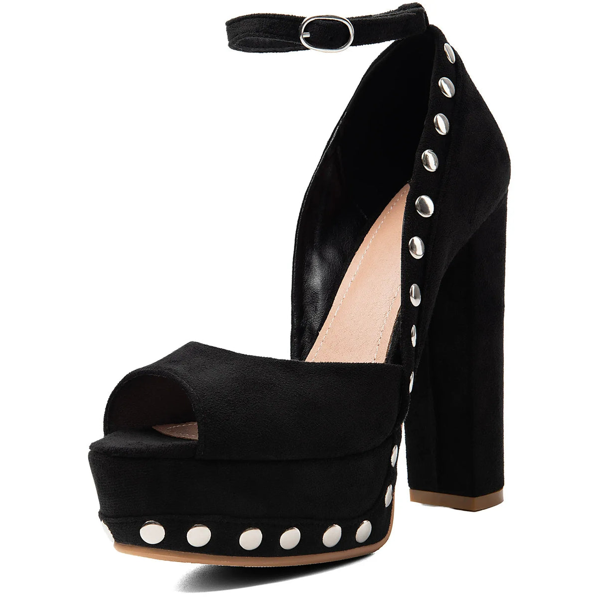 Women's Black Suede Platform Heels with Silver Studs Ankle Strap Peep Toe Party Dress Shoes - Styeenigma