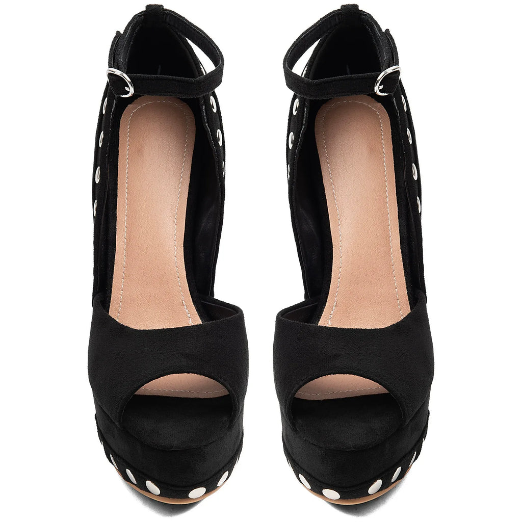 Women's Black Suede Platform Heels with Silver Studs Ankle Strap Peep Toe Party Dress Shoes - Styeenigma