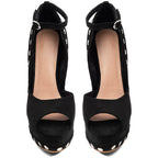Women's Black Suede Platform Heels with Silver Studs Ankle Strap Peep Toe Party Dress Shoes - Styeenigma
