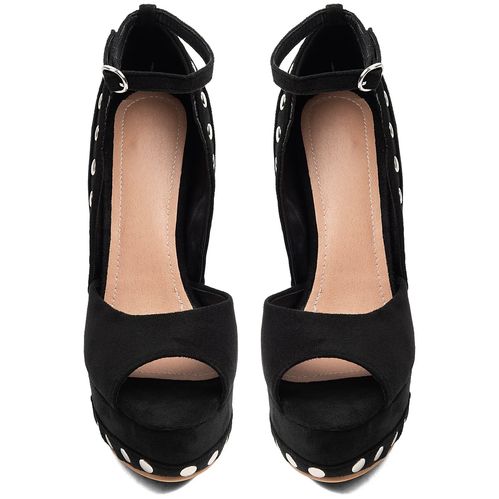 Women's Black Suede Platform Heels with Silver Studs Ankle Strap Peep Toe Party Dress Shoes - Styeenigma