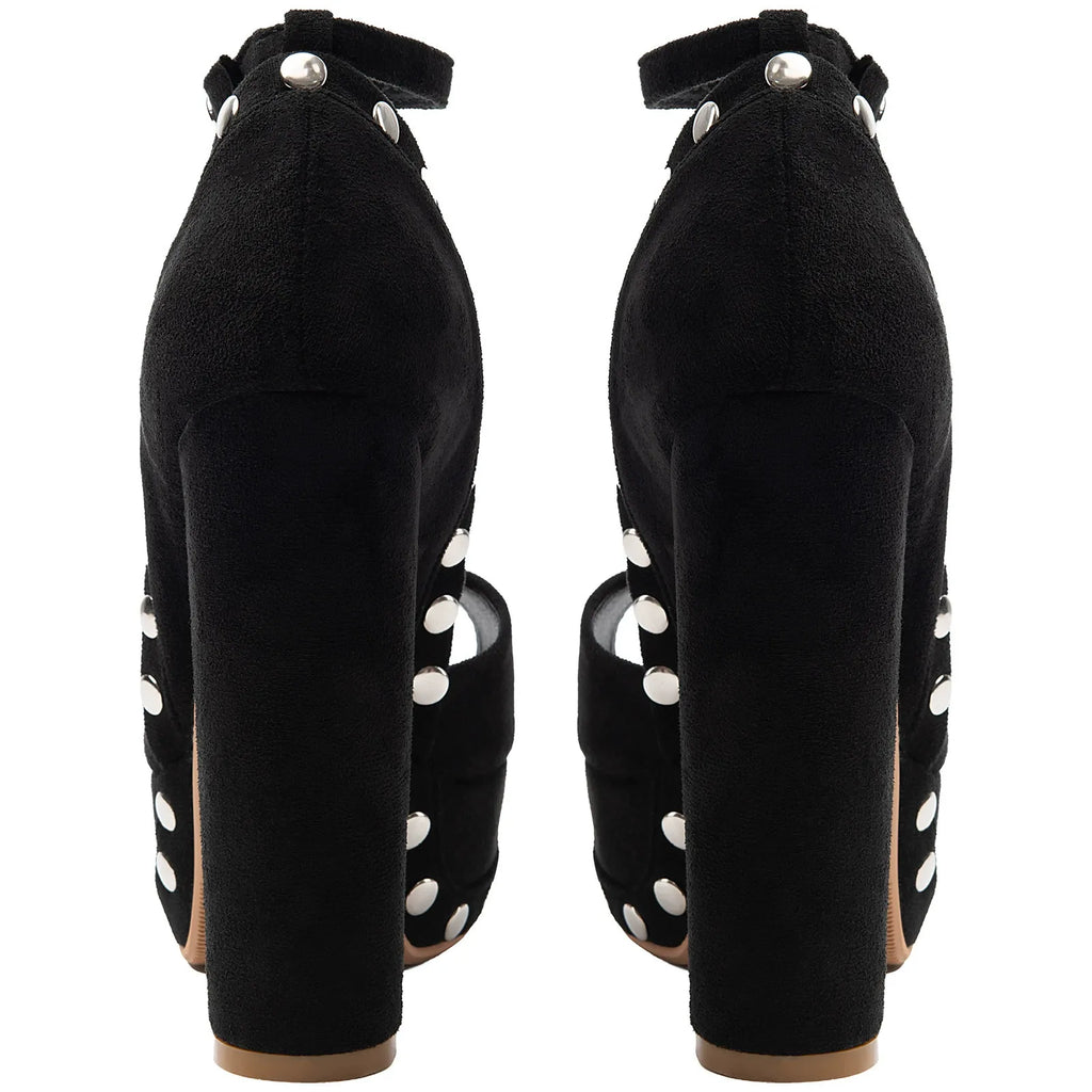 Women's Black Suede Platform Heels with Silver Studs Ankle Strap Peep Toe Party Dress Shoes - Styeenigma