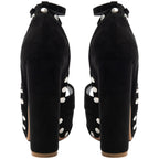 Women's Black Suede Platform Heels with Silver Studs Ankle Strap Peep Toe Party Dress Shoes - Styeenigma