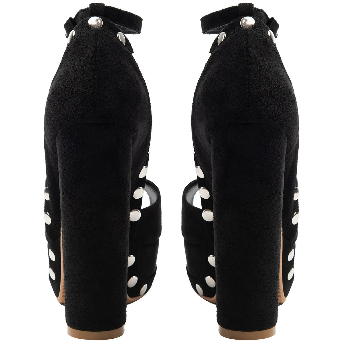 Women's Black Suede Platform Heels with Silver Studs Ankle Strap Peep Toe Party Dress Shoes - Styeenigma