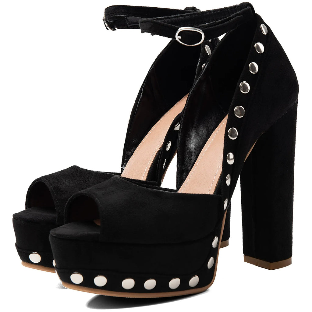 Women's Black Suede Platform Heels with Silver Studs Ankle Strap Peep Toe Party Dress Shoes - Styeenigma