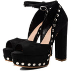 Women's Black Suede Platform Heels with Silver Studs Ankle Strap Peep Toe Party Dress Shoes - Styeenigma