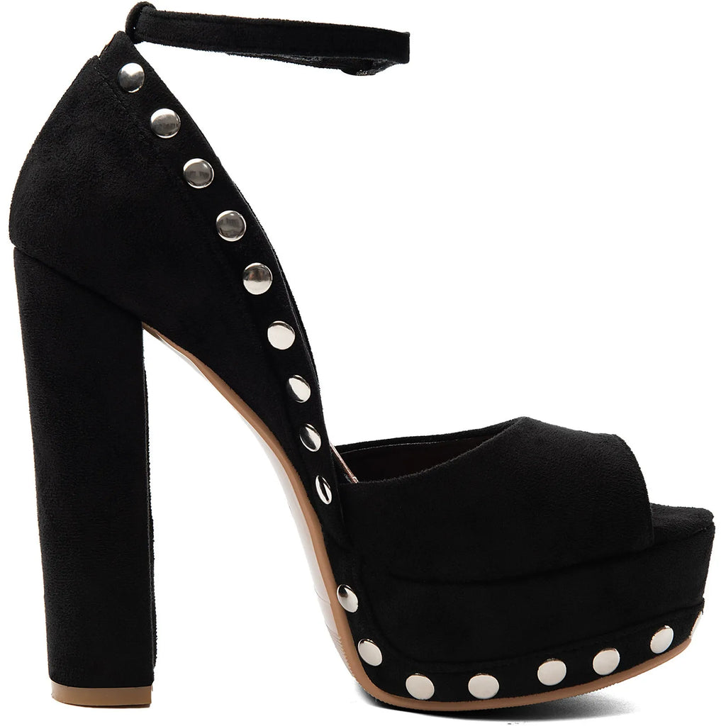 Women's Black Suede Platform Heels with Silver Studs Ankle Strap Peep Toe Party Dress Shoes - Styeenigma