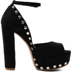 Women's Black Suede Platform Heels with Silver Studs Ankle Strap Peep Toe Party Dress Shoes - Styeenigma