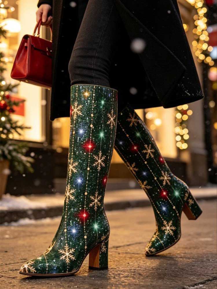 Green Christmas Knee High Boots Snowflake Faux Leather Chunky Heel Bootie US 5-13 - Styeenigma