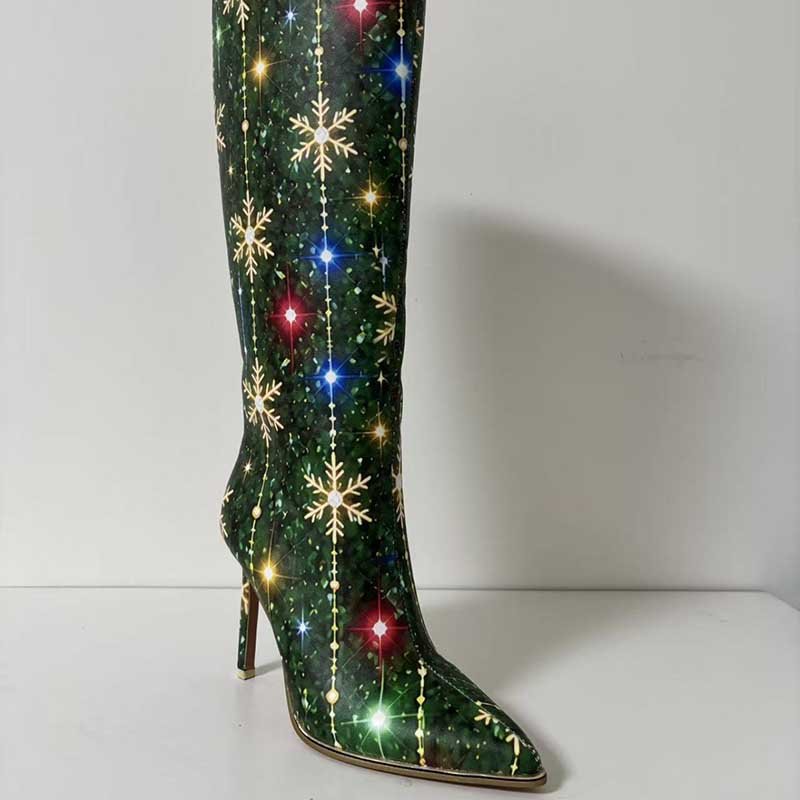 Green Christmas Knee High Boots Snowflake Faux Leather Chunky Heel Bootie US 5-13 - Styeenigma