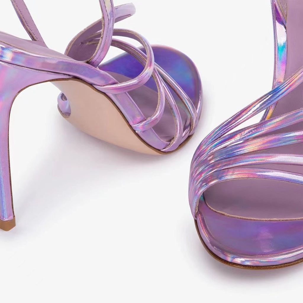 Gold Pink Red Holographic Stiletto Sandals Strappy Slingback Heels - Styeenigma