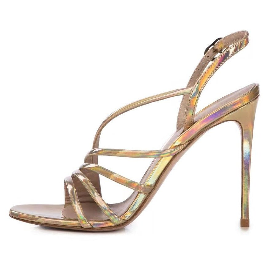 Gold Pink Red Holographic Stiletto Sandals Strappy Slingback Heels - Styeenigma
