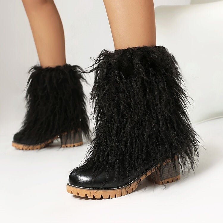 Hot Pink & Black Faux Fur Ankle Boots Faux Leather Chunky Heel Bootie - Styeenigma