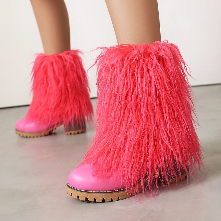 Hot Pink & Black Faux Fur Ankle Boots Faux Leather Chunky Heel Bootie