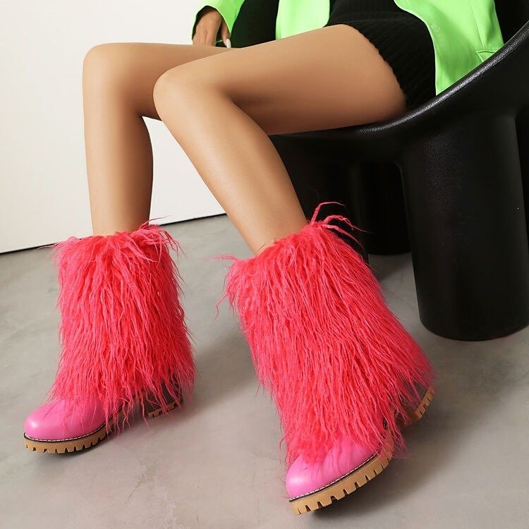 Hot Pink & Black Faux Fur Ankle Boots Faux Leather Chunky Heel Bootie - Styeenigma