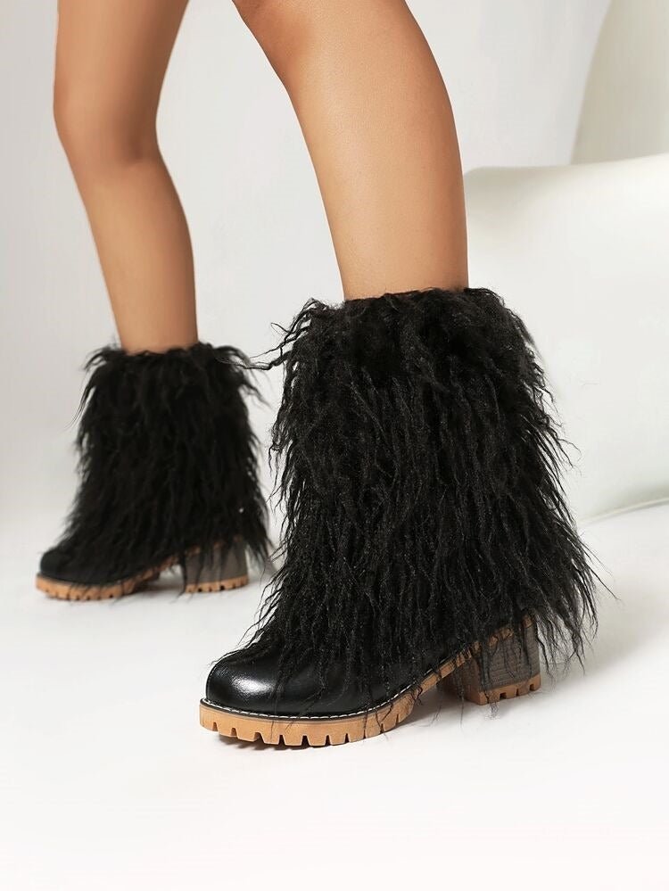Hot Pink & Black Faux Fur Ankle Boots Faux Leather Chunky Heel Bootie - Styeenigma
