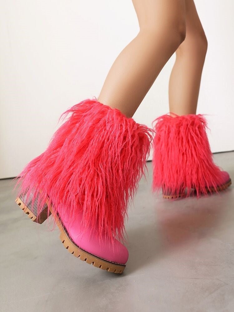 Hot Pink & Black Faux Fur Ankle Boots Faux Leather Chunky Heel Bootie - Styeenigma