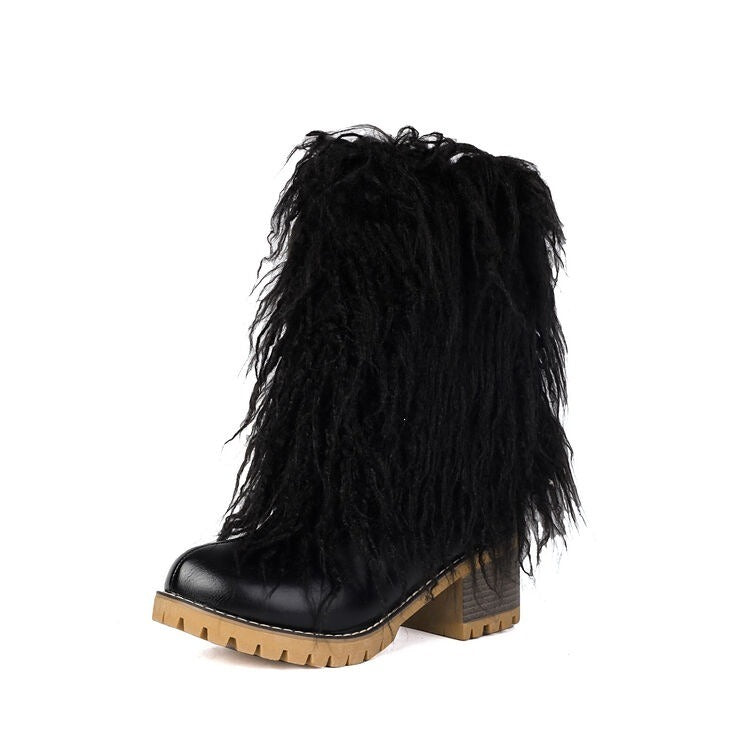 Hot Pink & Black Faux Fur Ankle Boots Faux Leather Chunky Heel Bootie