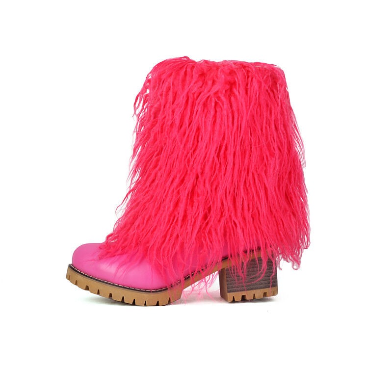 Hot Pink & Black Faux Fur Ankle Boots Faux Leather Chunky Heel Bootie