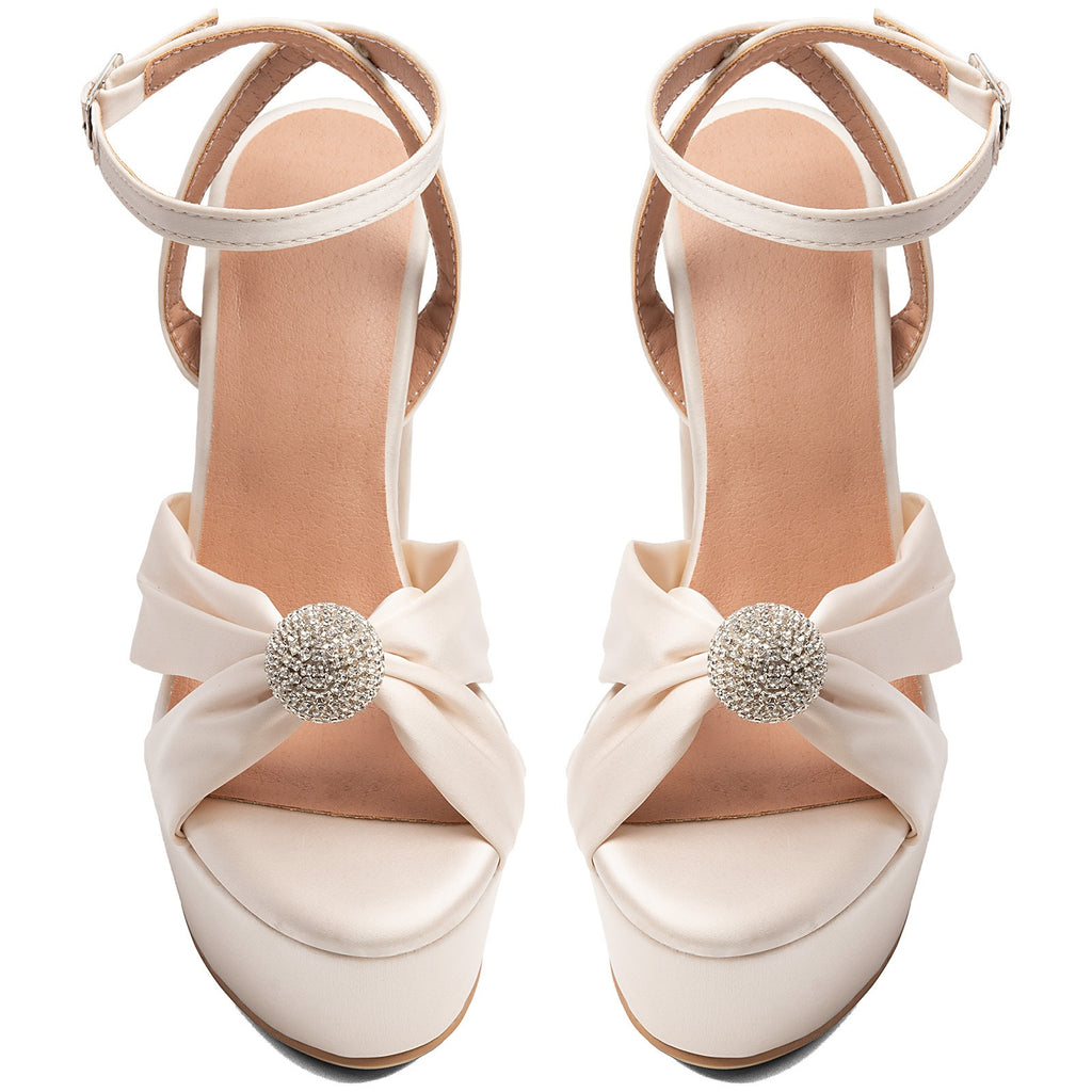 Ivory Satin Platform Heels Women's Bow Sandals Rhinestone Block Heel Wedding Shoes
