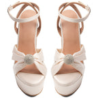 Ivory Satin Platform Heels Women's Bow Sandals Rhinestone Block Heel Wedding Shoes