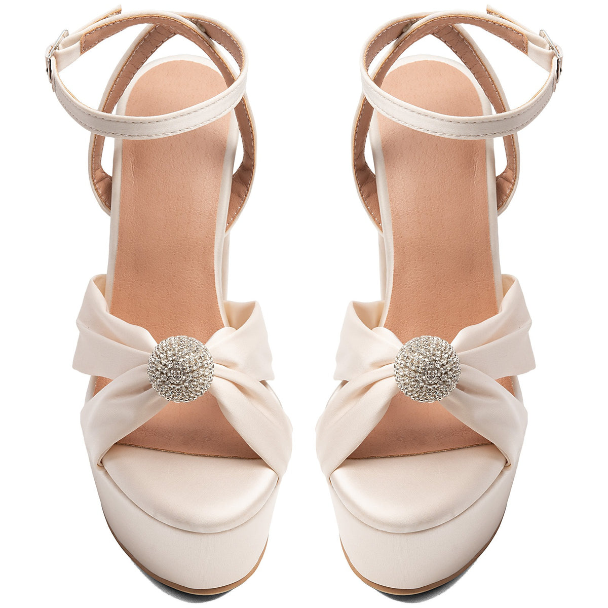 Ivory Satin Platform Heels Women's Bow Sandals Rhinestone Block Heel Wedding Shoes