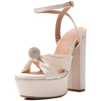 Ivory Satin Platform Heels Women's Bow Sandals Rhinestone Block Heel Wedding Shoes