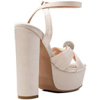 Ivory Satin Platform Heels Women's Bow Sandals Rhinestone Block Heel Wedding Shoes