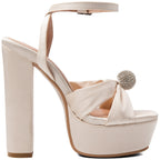 Ivory Satin Platform Heels Women's Bow Sandals Rhinestone Block Heel Wedding Shoes