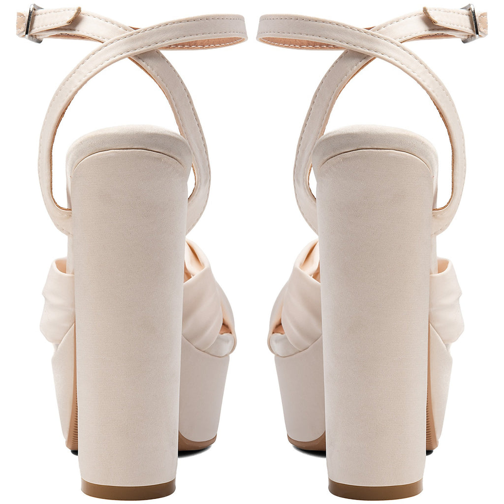 Ivory Satin Platform Heels Women's Bow Sandals Rhinestone Block Heel Wedding Shoes