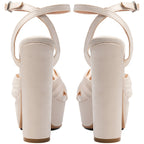 Ivory Satin Platform Heels Women's Bow Sandals Rhinestone Block Heel Wedding Shoes