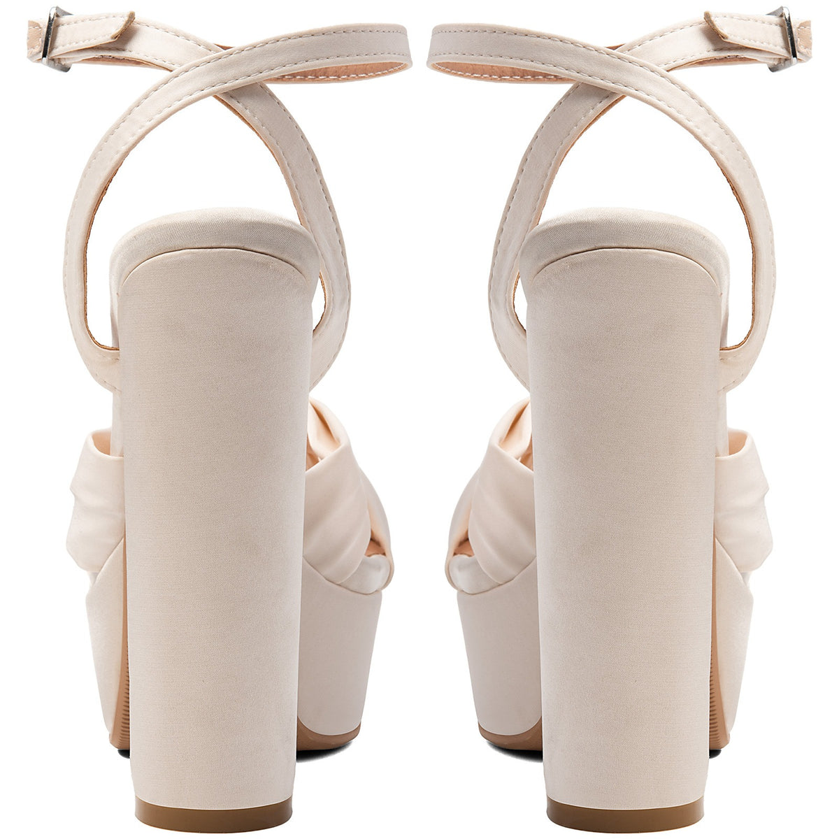 Ivory Satin Platform Heels Women's Bow Sandals Rhinestone Block Heel Wedding Shoes