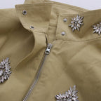 Khaki Rhinestone Embellished Cropped Jacket Women | Stand Collar Zip Up Bomber Style - Styeenigma