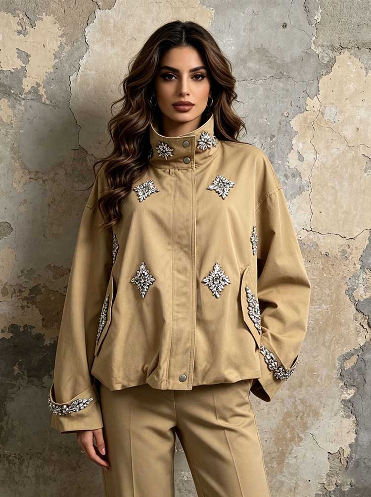 Khaki Rhinestone Embellished Cropped Jacket Women | Stand Collar Zip Up Bomber Style - Styeenigma