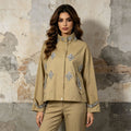 Khaki Rhinestone Embellished Cropped Jacket Women | Stand Collar Zip Up Bomber Style - Styeenigma