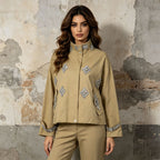 Khaki Rhinestone Embellished Cropped Jacket Women | Stand Collar Zip Up Bomber Style - Styeenigma