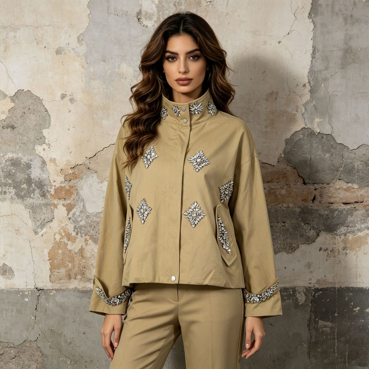 Khaki Rhinestone Embellished Cropped Jacket Women | Stand Collar Zip Up Bomber Style - Styeenigma