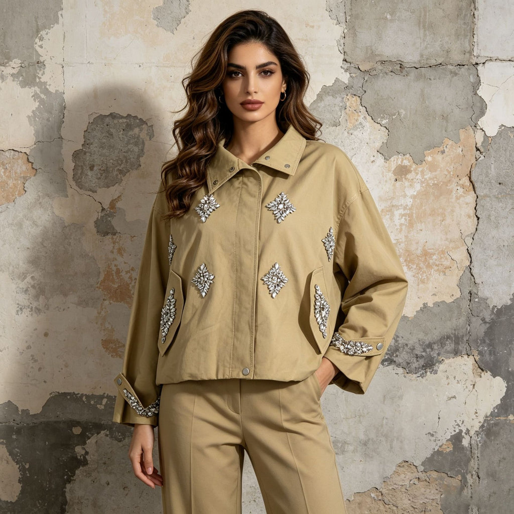 Khaki Rhinestone Embellished Cropped Jacket Women | Stand Collar Zip Up Bomber Style - Styeenigma