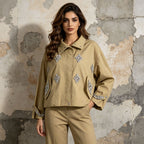 Khaki Rhinestone Embellished Cropped Jacket Women | Stand Collar Zip Up Bomber Style - Styeenigma