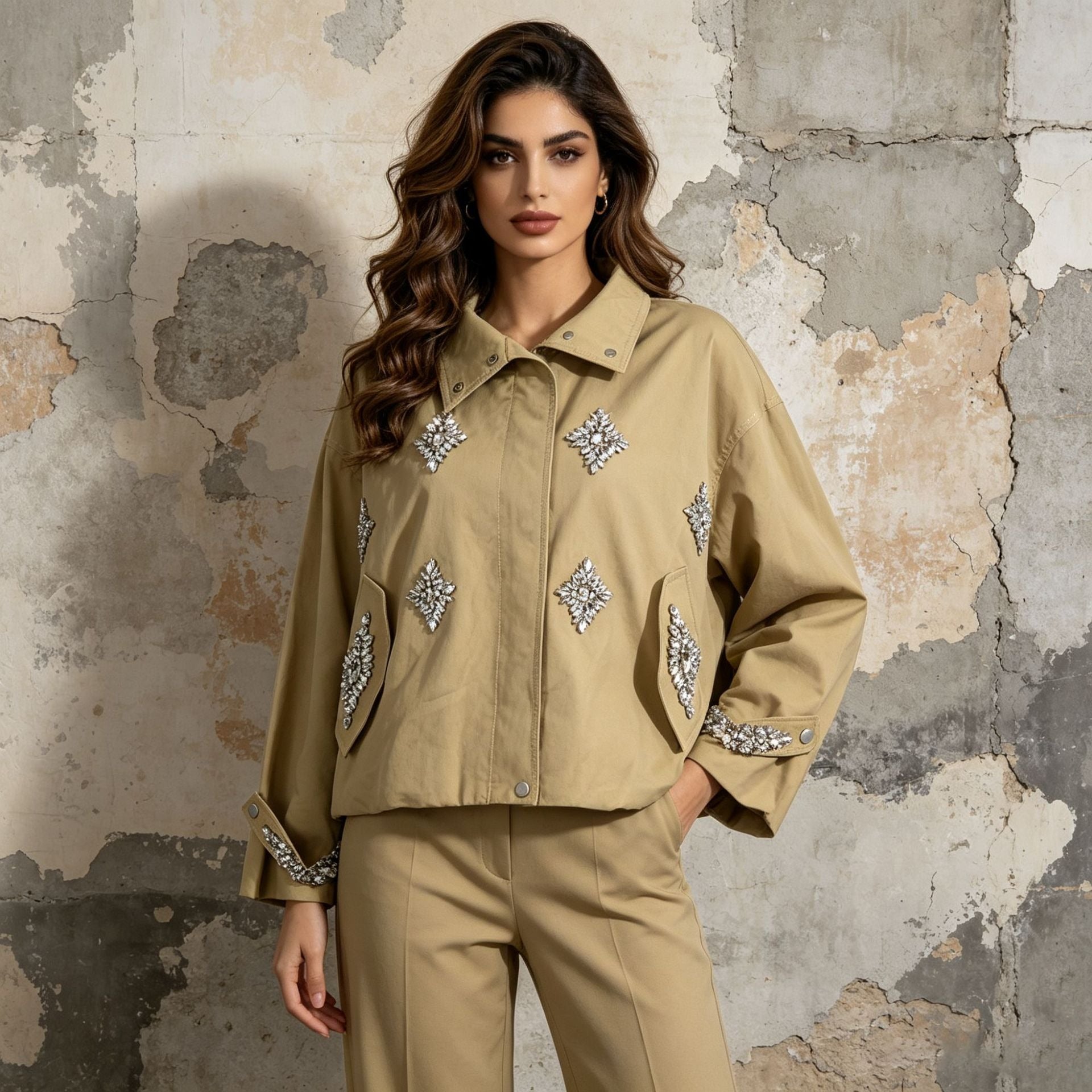 Khaki Rhinestone Embellished Cropped Jacket Women | Stand Collar Zip Up Bomber Style - Styeenigma