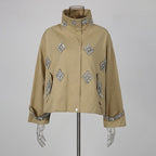 Khaki Rhinestone Embellished Cropped Jacket Women | Stand Collar Zip Up Bomber Style - Styeenigma