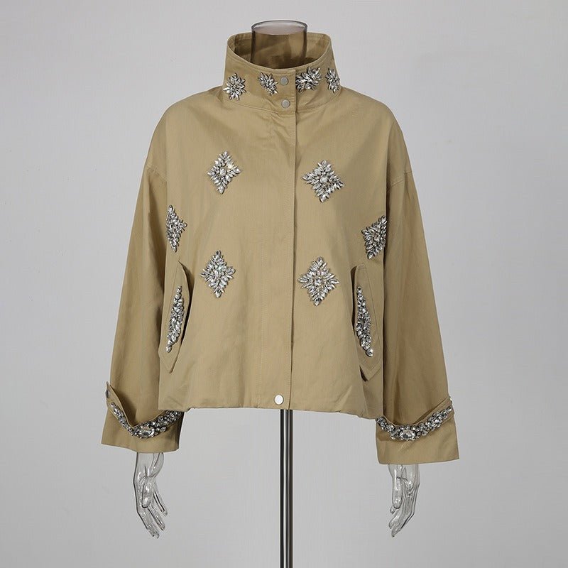 Khaki Rhinestone Embellished Cropped Jacket Women | Stand Collar Zip Up Bomber Style - Styeenigma